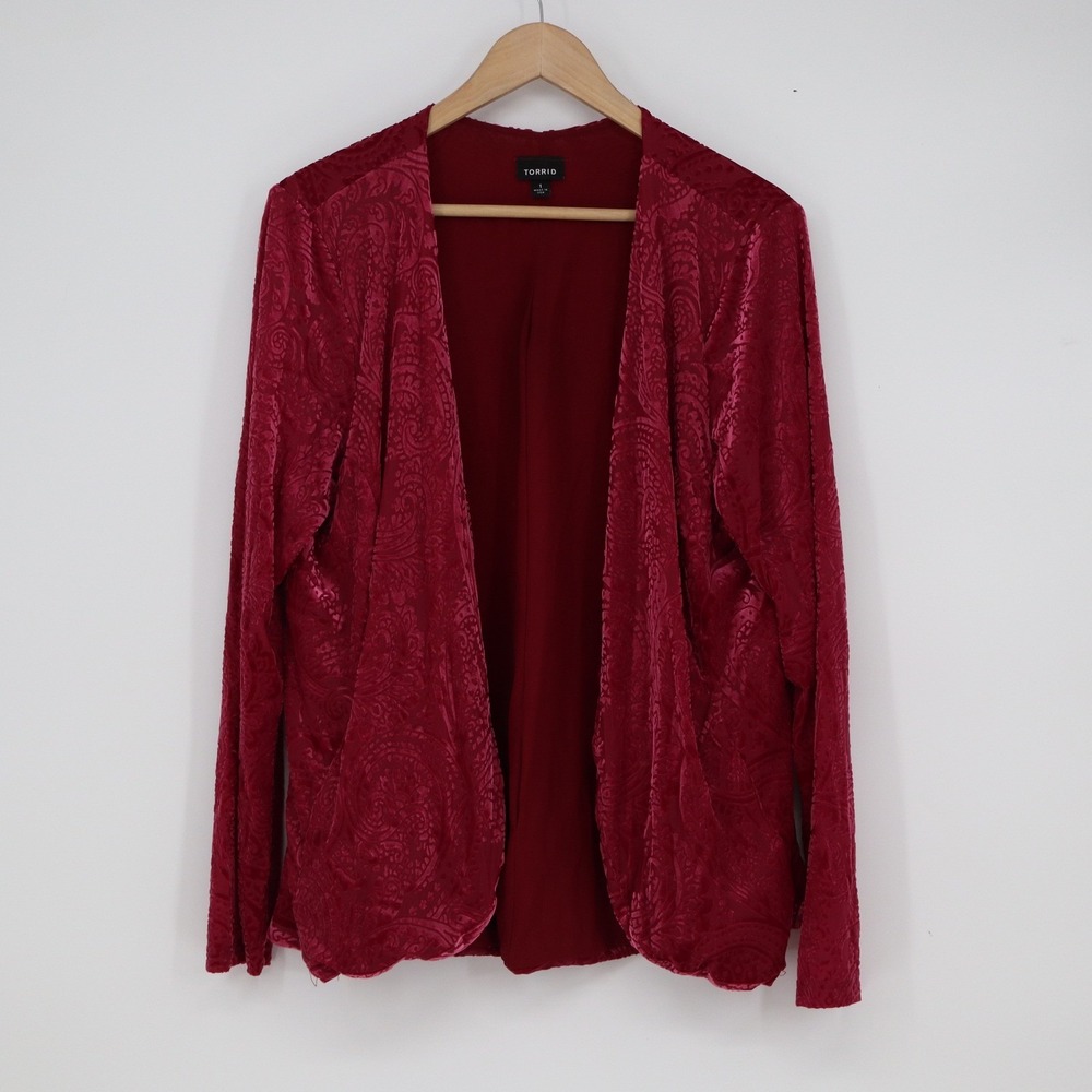 Torrid Womens Plus Size 1 Burgundy Red Velvet Paisley Open Front Cardigan Jacket - Picture 2 of 6